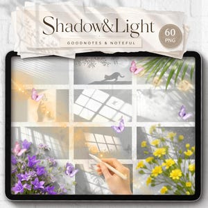 May include: A digital tablet screen displaying a collection of 60 PNG shadow and light overlays titled Shadow & Light Goodnotes & Noteful. The grid features various light patterns, silhouettes of a cat, butterflies, and floral arrangements in purple and yellow.