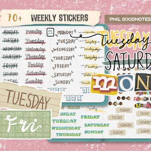 May include: A set of 70+ weekly planner stickers with various designs and colors. The stickers include days of the week, such as Monday, Tuesday, Wednesday, Thursday, Friday, Saturday, and Sunday. The stickers are perfect for organizing and decorating your planner.