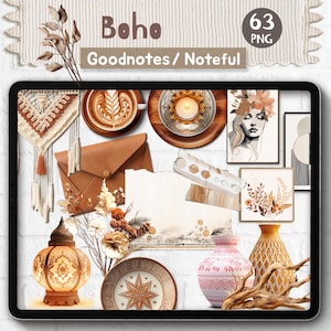 Pegatinas digitales realistas Boho Goodnotes, creador de escenas bohemias estéticas y notables, objetos realistas