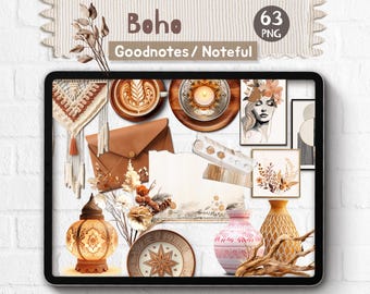 Pegatinas digitales realistas Boho Goodnotes, creador de escenas bohemias estéticas y notables, objetos realistas