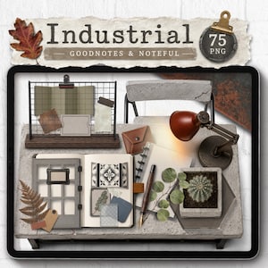 Pode incluir: Uma coleção digital de 75 arquivos PNG de estilo industrial para Goodnotes e Noteful. O conjunto inclui uma grade metálica, uma luminária de mesa, um caderno quadriculado, um cacto em vaso, uma caneta-tinteiro e vários elementos de papel.
