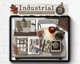 Pegatinas digitales realistas industriales Goodnotes, Noteful, PNG, creador de escenas de diario otoñal, diario de recortes, diario vintage