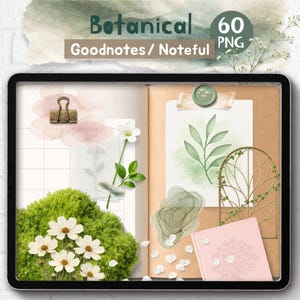 May include: A digital planner on a tablet, showcasing botanical themes. The image includes a mossy green base with white flowers, a pink notebook, and a watercolour leaf design. Text at the top reads "Botanical 60 PNG Goodnotes / Noteful."