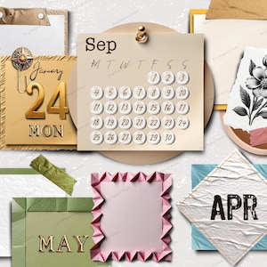 Puede incluir: Una colecci&oacute;n de manualidades de papel de colores con p&aacute;ginas de calendario, incluyendo un calendario de septiembre con las fechas del 1 al 30, un calendario de enero con la fecha 24, un calendario de mayo y un calendario de abril. Los calendarios est&aacute;n decorados con flores, una estrella dorada y un adorno dorado.