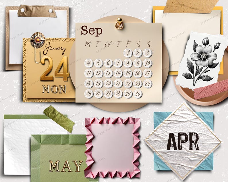 Puede incluir: Una colecci&oacute;n de manualidades de papel de colores con p&aacute;ginas de calendario, incluyendo un calendario de septiembre con las fechas del 1 al 30, un calendario de enero con la fecha 24, un calendario de mayo y un calendario de abril. Los calendarios est&aacute;n decorados con flores, una estrella dorada y un adorno dorado.