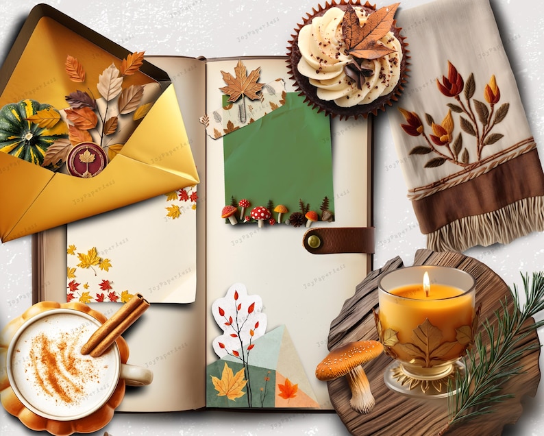 Pu&ograve; includere: Un diario aperto con cancelleria a tema autunnale, tra cui una busta dorata con foglie e una zucca, un cupcake, un asciugamano con frange e ricami floreali, una tazza di bevanda speziata con cannella e una candela su una base di legno.