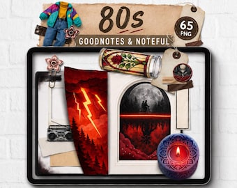Pegatinas digitales realistas: pegatinas de Goodnotes de los 80, tablero de estado de ánimo de programas de televisión, creador de escenas retro, álbum de recortes de diario, clipart PNG de los 80