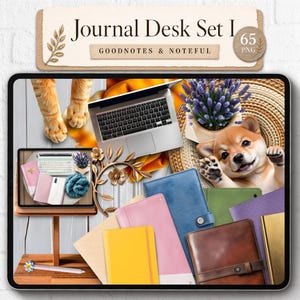 Może przedstawiać: Cyfrowa kolekcja zatytułowana Journal Desk Set I zawierająca 65 plików PNG. Obraz przedstawia laptopa, tablet z cyfrowym planerem, szczeniaka rasy Shiba Inu, kocie łapy, lawendę oraz różne kolorowe dzienniki w kolorze żółtym, różowym, niebieskim, zielonym, fioletowym i brązowym.
