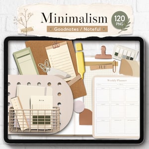 May include: A digital tablet screen displaying a collection of stationery graphics including a weekly planner, a pegboard with a wire basket, a ruler, a yellow highlighter, a butterfly paperclip, and various note papers with the text Minimalism 120 PNG.