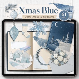 May include: A digital sticker set titled Xmas Blue Goodnotes & Noteful featuring 61 PNG elements. The collection includes a light blue ornament, a stocking, a snowflake, a winter landscape with a deer, a blue book, and a floral envelope.