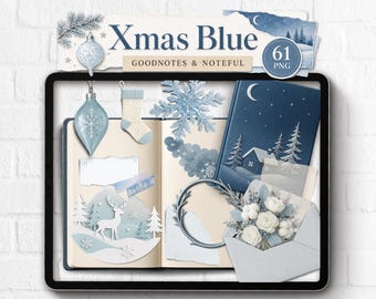 Pegatinas digitales realistas de Navidad, creador de escenas de diciembre PNG y archivo de Goodnotes Noteful, tablero de inspiración azul y plateado