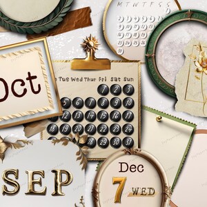 Puede incluir: Un calendario de estilo vintage con detalles dorados y un dise&ntilde;o floral. El calendario presenta los meses de septiembre, octubre y diciembre. El calendario est&aacute; decorado con detalles dorados y verdes y tiene un dise&ntilde;o floral.