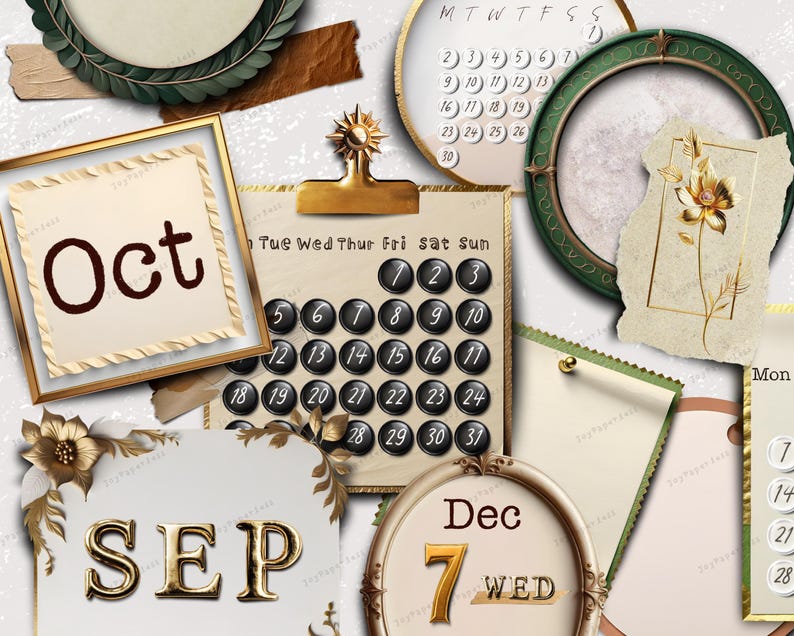 Puede incluir: Un calendario de estilo vintage con detalles dorados y un dise&ntilde;o floral. El calendario presenta los meses de septiembre, octubre y diciembre. El calendario est&aacute; decorado con detalles dorados y verdes y tiene un dise&ntilde;o floral.