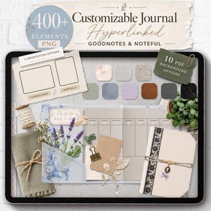 May include: A digital tablet screen displaying a customizable hyperlinked journal with 400+ PNG elements, 10 PDF background options, and two orientation choices. The interface shows a weekly planner layout, lavender illustrations, a binder clip, and a notebook.