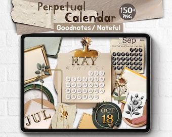 Perpetual Calendar Realistic Digital Stickers: Goodnotes Noteful File 2026 2027 Undated Calendar PNG