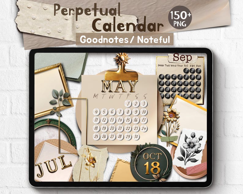 Calendario perpetuo con pegatinas digitales realistas: Goodnotes, archivo de notas 2026/2027, calendario sin fecha PNG imagen 1