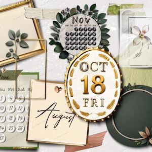 Puede incluir: Un collage digital con varias p&aacute;ginas de calendario, incluyendo junio, agosto, octubre y noviembre. El collage tambi&eacute;n incluye un dise&ntilde;o floral, un marco dorado y un c&iacute;rculo verde con un borde dorado.