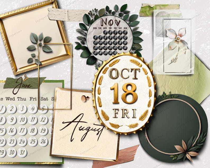 Puede incluir: Un collage digital con varias p&aacute;ginas de calendario, incluyendo junio, agosto, octubre y noviembre. El collage tambi&eacute;n incluye un dise&ntilde;o floral, un marco dorado y un c&iacute;rculo verde con un borde dorado.