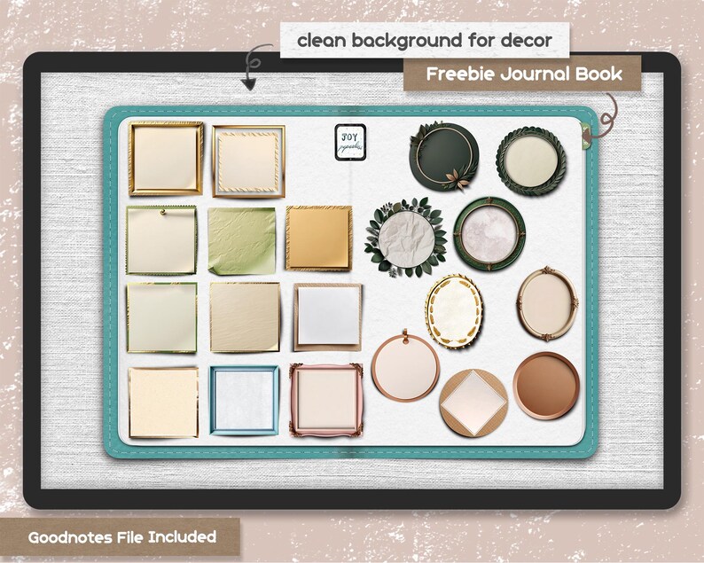Puede incluir: Una p&aacute;gina de planificador digital con una variedad de marcos y formas para agregar texto, im&aacute;genes y otros elementos. La p&aacute;gina est&aacute; dise&ntilde;ada para ser utilizada con la aplicaci&oacute;n Goodnotes. El texto "Freebie Journal Book" est&aacute; en la parte superior de la p&aacute;gina.