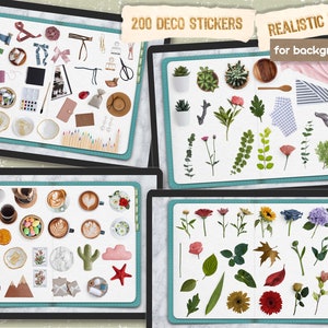 K&ouml;nnte beinhalten: Eine digitale Illustration von 200 realistischen Stickern f&uuml;r Hintergr&uuml;nde. Die Sticker beinhalten Pflanzen, Blumen, Kaffeetassen, Essen und andere dekorative Elemente. Die Sticker sind in einem Raster auf dem Bildschirm eines digitalen Tablets angeordnet.