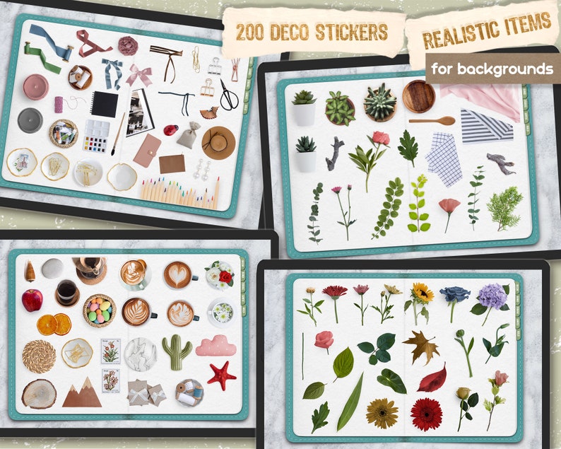 K&ouml;nnte beinhalten: Eine digitale Illustration von 200 realistischen Stickern f&uuml;r Hintergr&uuml;nde. Die Sticker beinhalten Pflanzen, Blumen, Kaffeetassen, Essen und andere dekorative Elemente. Die Sticker sind in einem Raster auf dem Bildschirm eines digitalen Tablets angeordnet.