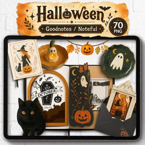 Może przedstawiać: Cyfrowa kolekcja 70 naklejek PNG o tematyce Halloween do Goodnotes i Noteful, zawierająca ilustracje czarnego kota, duchów, dyń, czarownicy, trumny z napisem October, jesiennych liści oraz ozdobnych ramek w kolorach pomarańczowym, czarnym i zielonym.