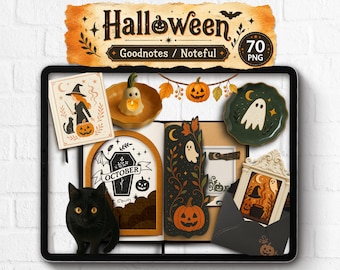 Pegatinas digitales realistas de Halloween: Goodnotes, Noteful, creador de escenas otoñales, pegatinas PNG para diario digital