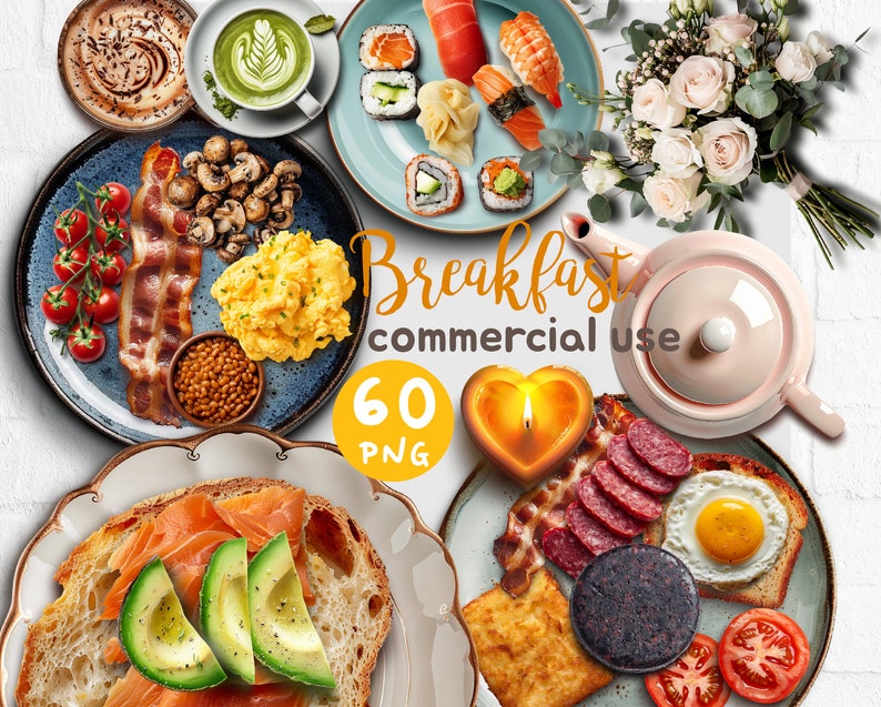 Breakfast Realistic Digital Sticker Brunch Digital Journal Scene Creator Dashboard Food Realistic Objects Breakfast Instant Download imagem 1