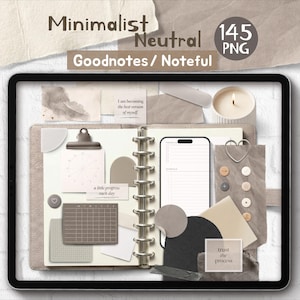 Puede incluir: Un planificador digital en una tableta, con un diseño minimalista en tonos neutros. El planificador incluye un calendario, notas y elementos decorativos como una vela, un clip en forma de corazón y botones. Texto: "Minimalist Neutral Goodnotes/Noteful 145 PNG".