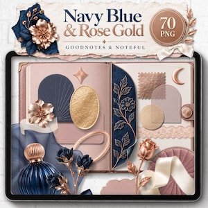 Może przedstawiać: Cyfrowy zestaw naklejek Navy Blue & Rose Gold do Goodnotes & Noteful. Zawiera kwiaty w kolorze różowego złota, granatowe motywy kwiatowe, teksturowane kształty, półksiężyc, butelkę perfum i wstążki na ekranie tabletu.