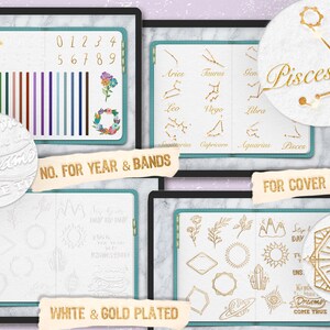 K&ouml;nnte beinhalten: Wei&szlig; und gold plattierte Planer-Aufkleber mit einer Vielzahl von Designs, darunter Sternzeichen, Blumen und geometrische Formen. Die Aufkleber sind perfekt, um Ihrem Planer einen Hauch von Eleganz zu verleihen.