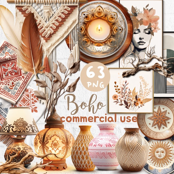 Boho Realistic Digital Sticker Aesthetic Bohemian Graphic Commercial Use Clipart Scene Creator Realistic Objects Boho Instant Download