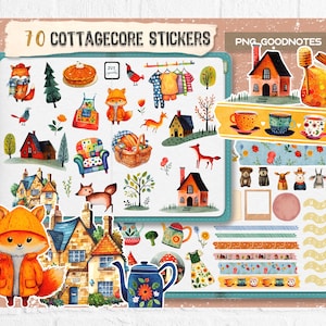 May include: A set of 70 cottagecore stickers featuring illustrations of foxes, houses, teacups, and other whimsical elements. The stickers are perfect for adding a touch of charm to planners, journals, laptops, and more.