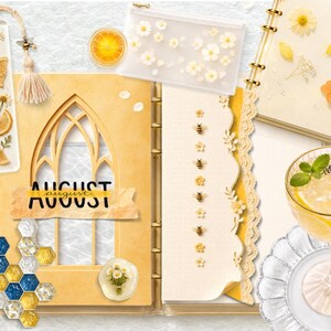 May include: A yellow-themed journal spread featuring an August header, a gothic arch cutout, bee and flower stickers, a resin bookmark with lemon slices and daisies, a translucent pencil case, a honeycomb tile pattern, and a glass of lemonade.
