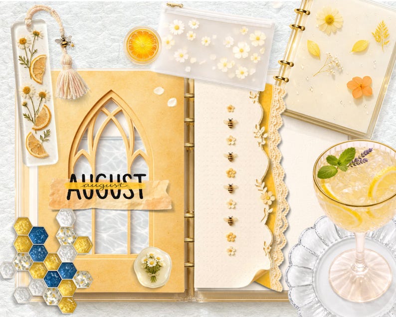May include: A yellow-themed journal spread featuring an August header, a gothic arch cutout, bee and flower stickers, a resin bookmark with lemon slices and daisies, a translucent pencil case, a honeycomb tile pattern, and a glass of lemonade.