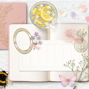 May include: A pink journal with floral embossing, open planner with an oval frame, and a glass of water with lemon slices and flowers. A bumblebee and a pink butterfly are also present.