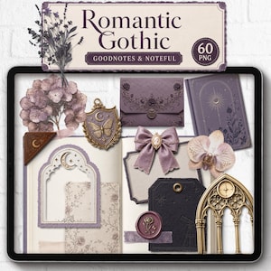 May include: A digital collection of Romantic Gothic themed graphics featuring a lavender and dark purple color palette. Elements include a butterfly shield, a bow, a wax seal, floral illustrations, a book cover, and an arched frame with moon motifs.