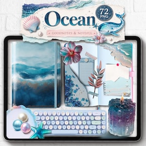 May include: A digital collection titled Ocean featuring 72 PNG files for Goodnotes and Noteful. The display includes a blue ocean-themed notebook, floral accents, a light blue keyboard, a lit candle with blue and purple hues, and pearls.