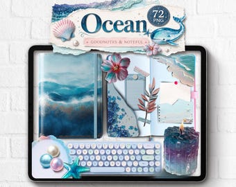 Pegatinas digitales realistas Ocean GoodNotes: Diseños marinos, diario azul, Noteful