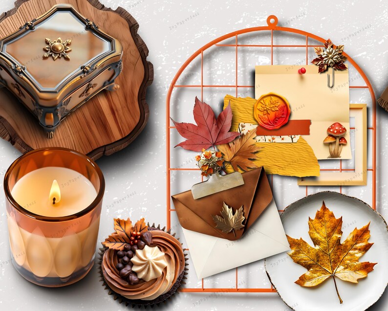 Pu&ograve; includere: Una collezione di oggetti a tema autunnale che include una scatola decorativa su una fetta di legno, una candela accesa in un bicchiere ambrato, un cupcake al cioccolato, un piatto bianco con una foglia d'acero e una griglia arancione.