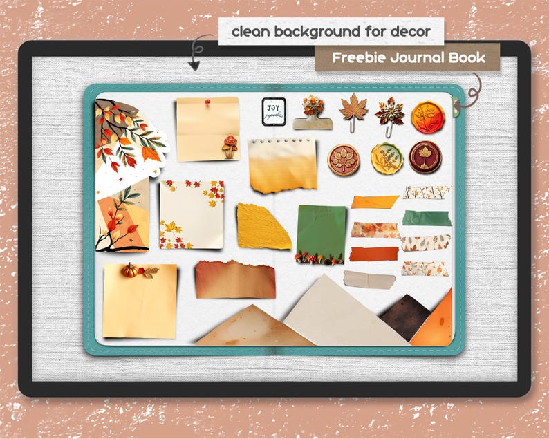Pu&ograve; includere: Una collezione digitale di elementi di cancelleria a tema autunnale che include vari ritagli di carta, note adesive, sigilli in ceralacca e strisce di nastro washi. Il set presenta fogliame, funghi e zucche, con i testi clean background for decor e Freebie Journal Book.