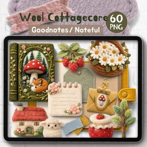 Realistiska digitala klistermärken: Wool Cottagecore Goodnotes Noteful Journal Set, Lantlig estetik klistermärken, Söta digitala klistermärken PNG