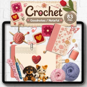 May include: A digital collection of 83 crochet-themed PNG stickers for Goodnotes and Noteful, featuring illustrations of yarn balls, crochet hooks, granny squares, a heart, a notebook, a puppy, a kitten, and floral patterns with the text Crochet.