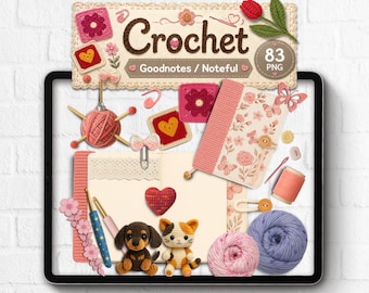 Conjunto de pegatinas digitales realistas para manualidades de ganchillo para GoodNotes / Pegatinas para agendas de ganchillo / Manualidades con hilo Goodnotes Noteful PNG