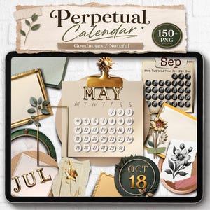 Könnte beinhalten: Ein digitales Set für einen ewigen Kalender für Goodnotes und Noteful mit über 150 PNG-Elementen. Die Anzeige zeigt eine Mai-Kalenderseite mit einer goldenen Klammer, verschiedenen dekorativen Rahmen, Blumenillustrationen und kreisförmigen Datumsmarkierungen in neutralen Farbtönen.