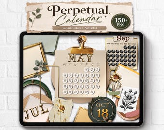 Calendario perpetuo con pegatinas digitales realistas: Goodnotes, archivo de notas 2026/2027, calendario sin fecha PNG