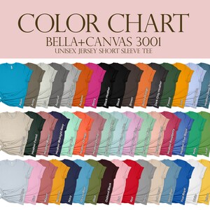 May include: Colour chart for Bella + Canvas 3001 unisex jersey short sleeve t-shirts. The chart shows 36 different colours, including aqua, army, asphalt, autumn, berry, black heather, black, brown, burnt orange, dark grey heather, forest, gold, heather deep teal, heather forest, heather mauve, heather midnight navy, heather orange, heather orchid, heather raspberry, heather true royal, kelly, leaf, mauve, navy, ocean blue, olive, oxblood black, red, silver, steel blue, true royal, white, and yellow.