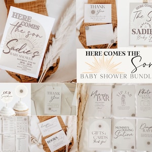 Here Comes the Son Baby Shower Bundle Editable Canva Invitation Boho Sunshine Baby Shower Bundle Sunshine Baby Shower Son Baby Shower Decor