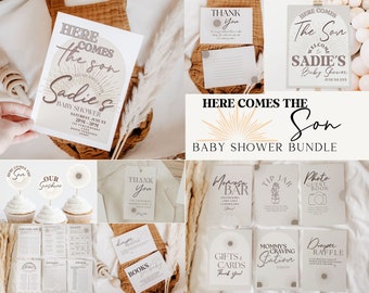Here Comes the Son Baby Shower Bundle, Editable Invitation (Canva)