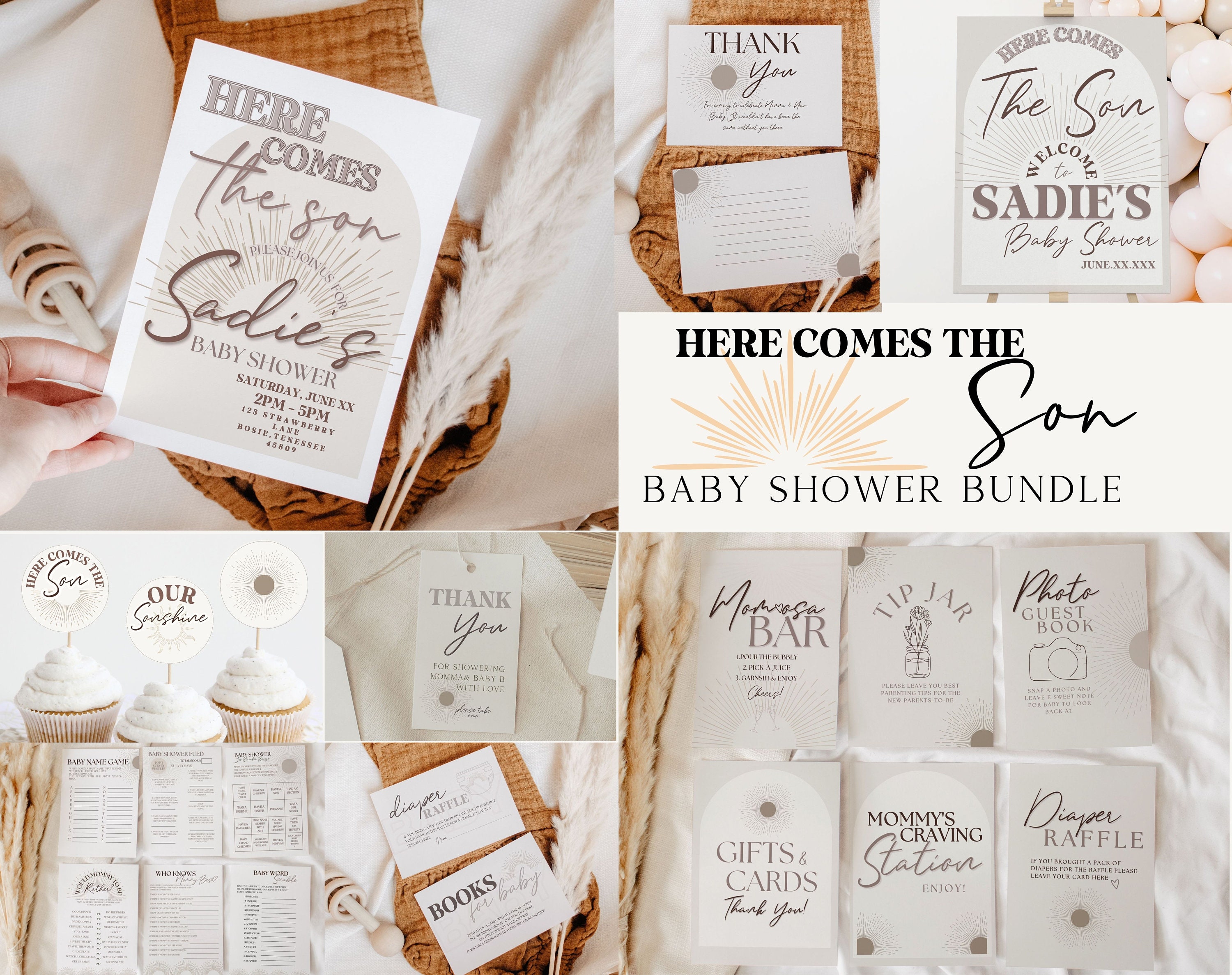 Here Comes the Son Baby Shower Bundle Editable Canva Invitation Boho Sunshine Baby Shower Bundle Sunshine Baby Shower Son
